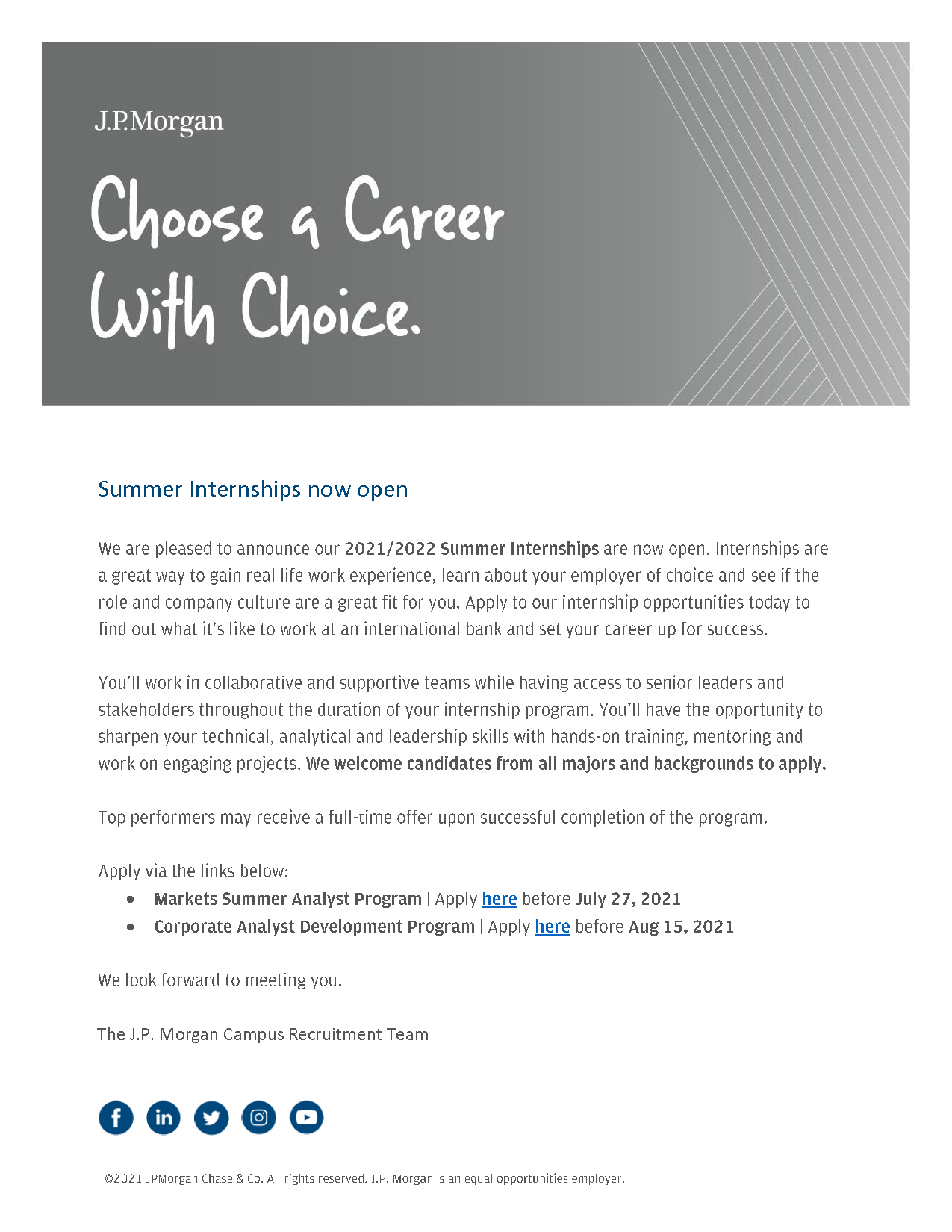 J.P. 2021/2022 Summer Internships applications open, apply now!